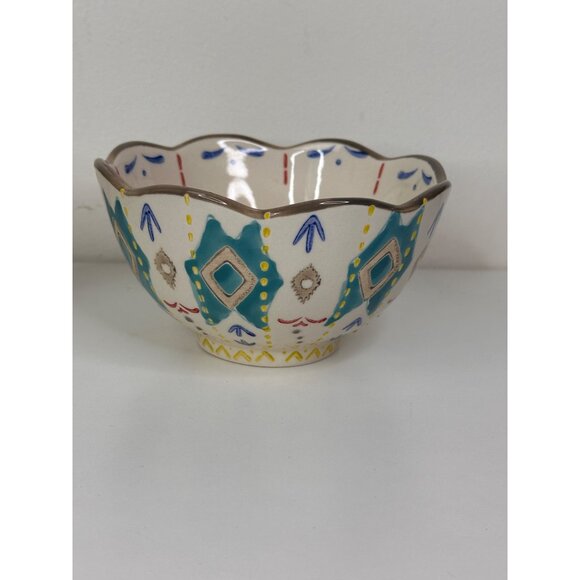 Set Of 4 Hand-Painted Southwest Aztec Boho Ceramic Bowls With Scalloped Edges - Picture 8 of 11